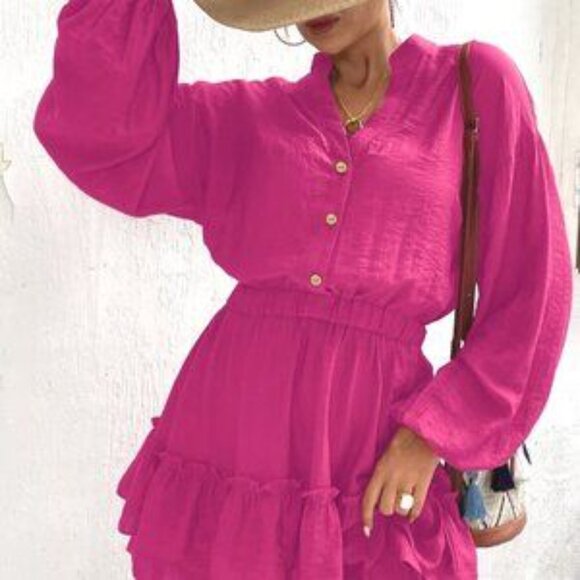 Pink Casual Women's Notched Neckline Lantern Sleeve Ruffle Hem Dress - Picture 3 of 4